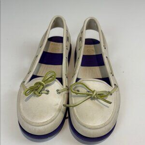 CROCS Cream and Purple Flats with Bow Accent